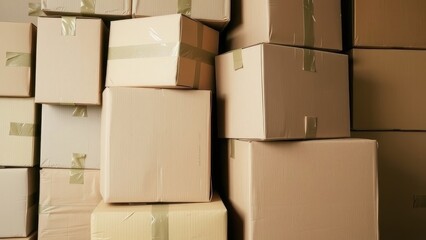 Stacked cardboard boxes with tape, ready for shipping or moving