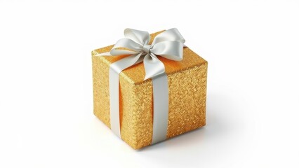 Golden gift box with white ribbon and bow on white background