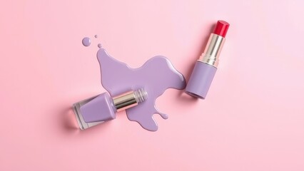 Nail polish spill and lipstick on pink background, beauty concept