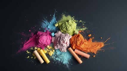 Colorful chalk powders and sticks on a dark background, artistic expression