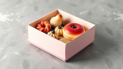 Marzipan sweets in a pink box on a gray surface, close-up