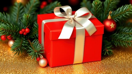 Red christmas present with silver ribbon and ornaments on golden glitter surface