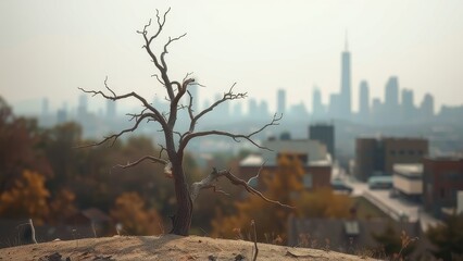 Bare tree overlooks the cityscape on a hazy day, creating a somber and reflective scene