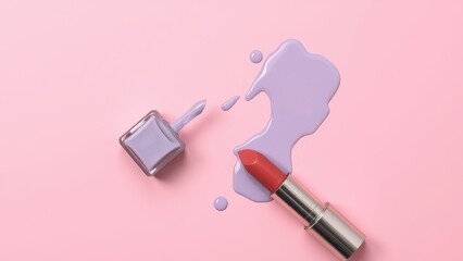 Lipstick and nail polish with spilled liquid on pink background, top view
