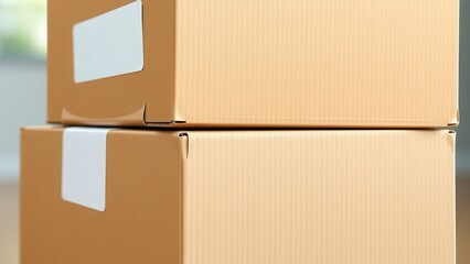 Stacked cardboard boxes with white labels for shipping or moving service