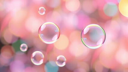 Floating bubbles against a soft pink and yellow bokeh background