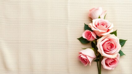 Pink roses with green leaves on a textured beige background, copy space to the left