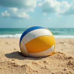 Deflated volleyball partially buried in sand, cloudy day , grey, activity, forgotten