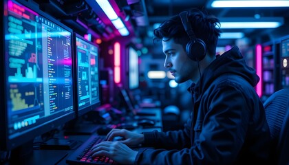 Cybersecurity specialist working in a neon-lit tech bunker
