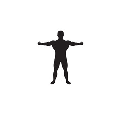 Vector art of silhouette of a muscular man standing with arms outstretched, showcasing strength and power, isolated on white background