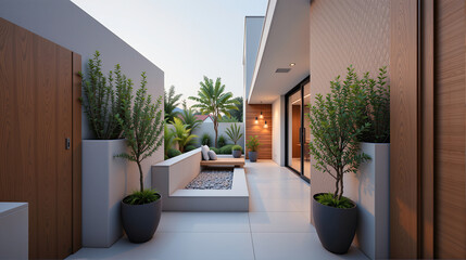 Modern outdoor patio with built-in seating and tropical plants