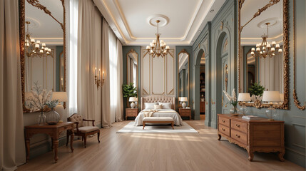 Luxurious classic bedroom with chandeliers and ornate mirrors