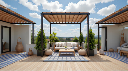 Rooftop terrace with wooden pergola and cozy lounge seating