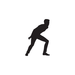 Vector art of silhouette of a man in a low, crouching position, suggesting stealth or observation, isolated on white background