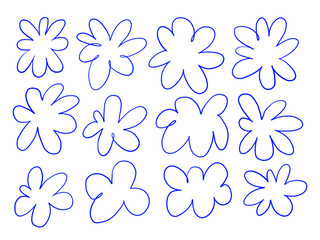 Hand Drawn Rounded Bloom Form. A soft rounded floral bloom in abstract shape drawn with clean blue outline and balanced smooth petal symmetry and more. Perfect for branding stickers botanical