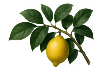 Ripe yellow lemon hanging on branch, surrounded by vibrant green leaves, isolated against transparent backdrop