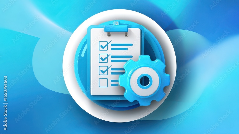 Poster a white clipboard with a checklist document and a gear icon on a vibrant blue background representin