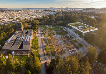 Aerial view of the de Young Museum and the California Academy of Sciences in Golden Gate Park, San...