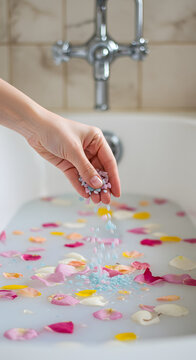 Hand sprinkling floral bath salts over milky water surface v3