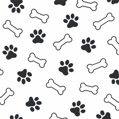 A charming repeating pattern featuring cute paw prints and bones. Vector Patterns