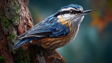 A nuthatch hanging upside down on a tree trunk, tiny claws gripping the bark with ease. .jpg