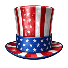 Stars and Stripes Top Hat png with USA Flag Design, Patriotic Red, White, and Blue Colors for 4th of July Celebration. Fourth of july, happy independence day, web banner concept.