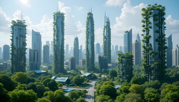 Eco-friendly future city with green skyscrapers and solar panels
