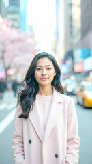 Asian Woman Wear A Pink Pastel Coat & Sweater in Midtown Manhattan New York City