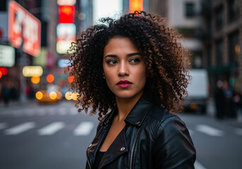 Black woman looking over shoulder in Times Square wearing leather jacket