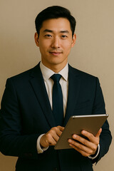 Professional Asian Man in Suit Holding Tablet