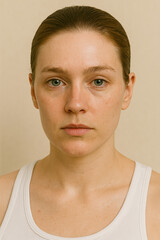 Close-Up Portrait of a White Woman with Slicked Hair and No Makeup