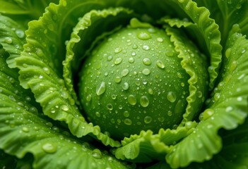 Fototapeta premium Close-up of Fresh Lettuce Leaves Covered in Dew Drops