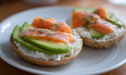 Cottage cheese bagel sliced and topped with avocado, smoked salmon, and cream cheese,Generative AI