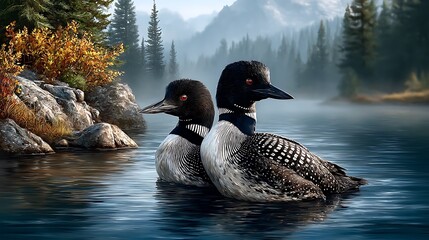 A pair of loons floating serenely on a crystal-clear mountain lake, mist rising in the morning air. .jpg