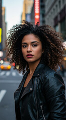 Black woman in leather jacket staring into camera on New York sidewalk