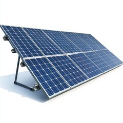 Modern solar panel array mounted on a metal frame isolated on white background