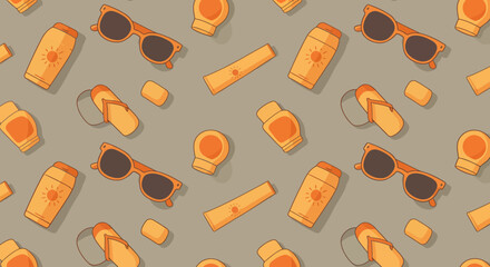 Summer essentials pattern Sunglasses sunscreen soap and flipflops in warm orange tones.