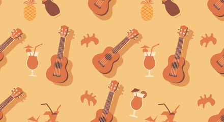 Tropical Pattern Ukuleles Pineapples Cocktails and Abstract Shapes in Warm Earth Tones.