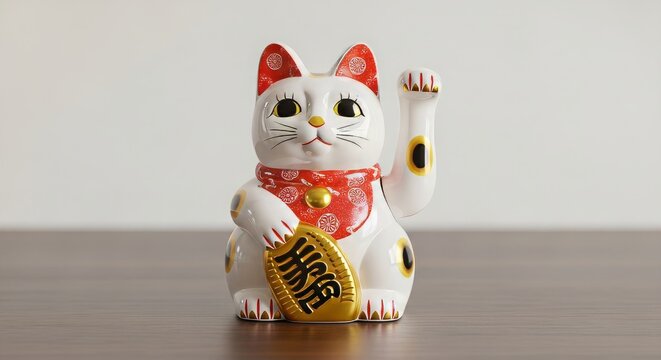 A white Maneki-neko figurine, a Japanese beckoning cat, sits holding a gold coin, its right paw raised in a welcoming gesture.