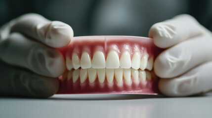 pair of gloved hands holding a set of realistic dentures, showcasing detailed teeth and gums on a reflective surface.