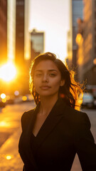 Hispanic Woman Standing in New York City at Dusk