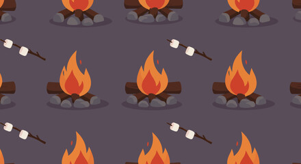 Cartoon Campfire and Marshmallow Skewer Pattern Cozy Outdoor Adventure Design.