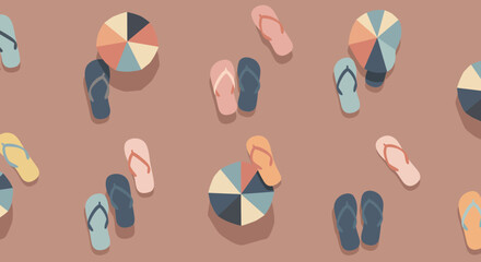 Colorful FlipFlops and Beach Umbrellas Pattern on a Sandy Brown Background.