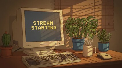 Retro Stream Setup. Cozy Computer Desk Illustration. Stream starting soon screen, overlay loop, animated virtual backgrounds, cozy lo-fi gaming room view. vtuber asset twitch zoom OBS. - Powered by Adobe