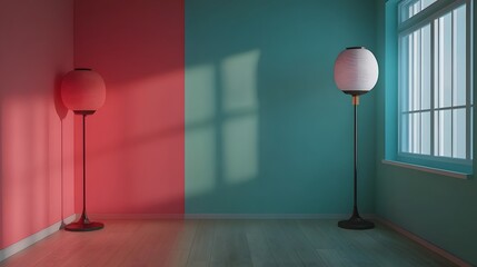 Modern Minimalist Room with Pink and Teal Walls, Floor Lamps