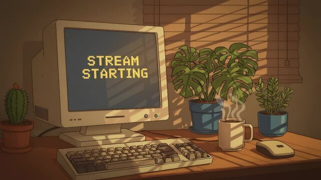 Retro Stream Setup. Cozy Computer Desk Illustration. Stream starting soon screen, overlay loop, animated virtual backgrounds, cozy lo-fi gaming room view. vtuber asset twitch zoom OBS.
