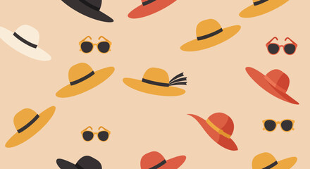 Playful Pattern of Summer Hats and Sunglasses in Retro Style.