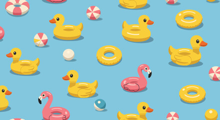 Playful Pool Floats Cartoon Ducks Flamingo Rings and Beach Balls Pattern.