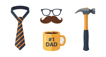 Father's Day themed icons featuring a tie, glasses, mustache, hammer, and coffee cup.