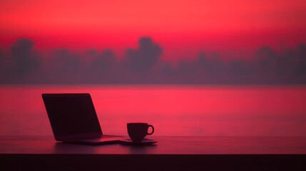 Laptop and Coffee at Sunset Beach, Peaceful Ocean View